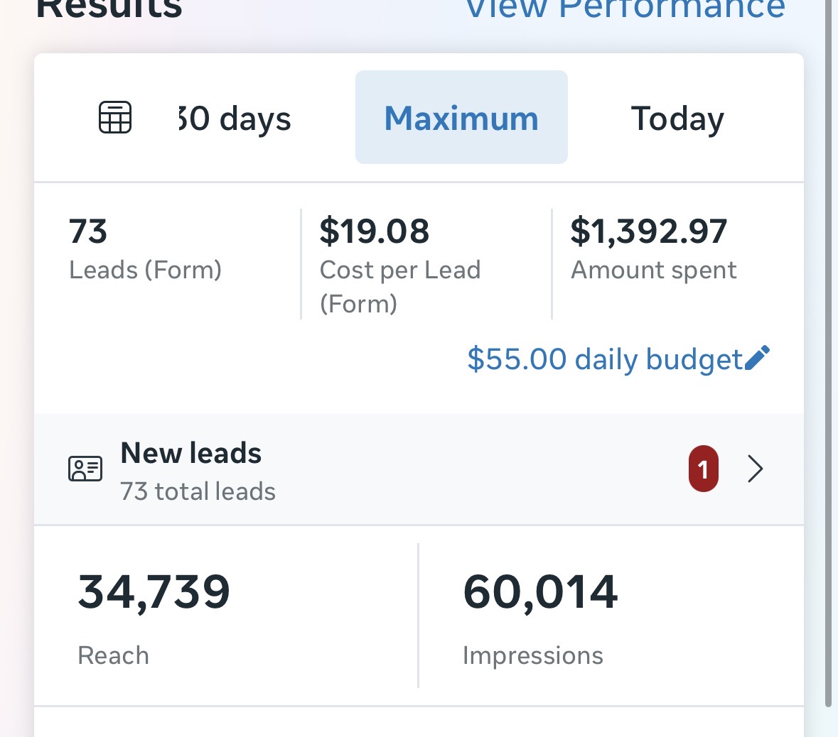 Meta Ads Manager results: 73 leads, $19.08 cost per lead, $1,392.97 spent
